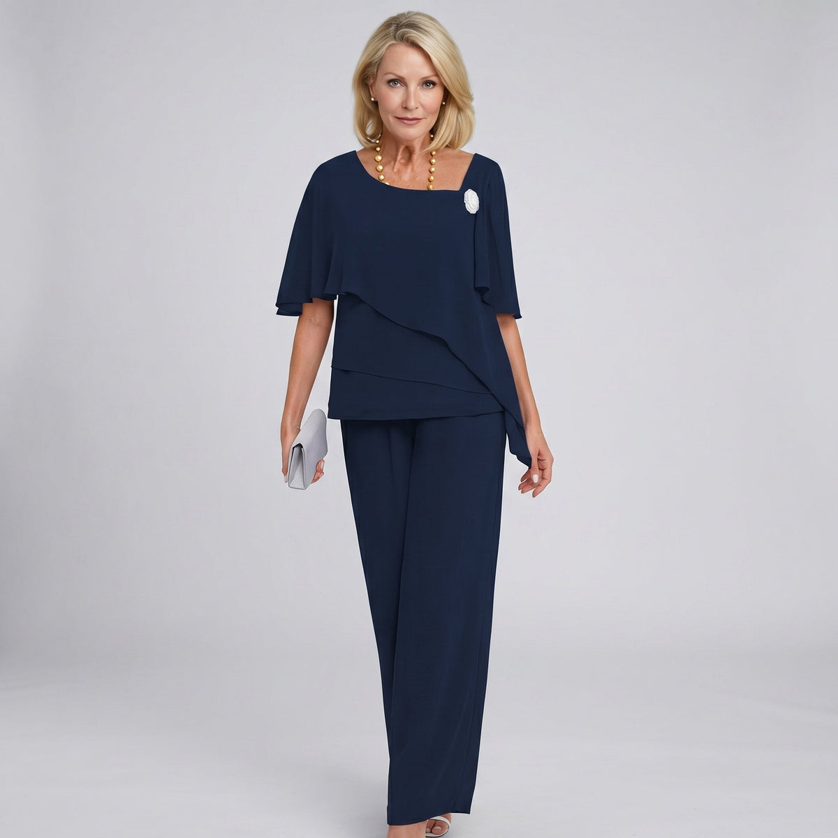 Cape-Sleeve Chiffon Blouse and Wide-Leg Evening Trousers Set