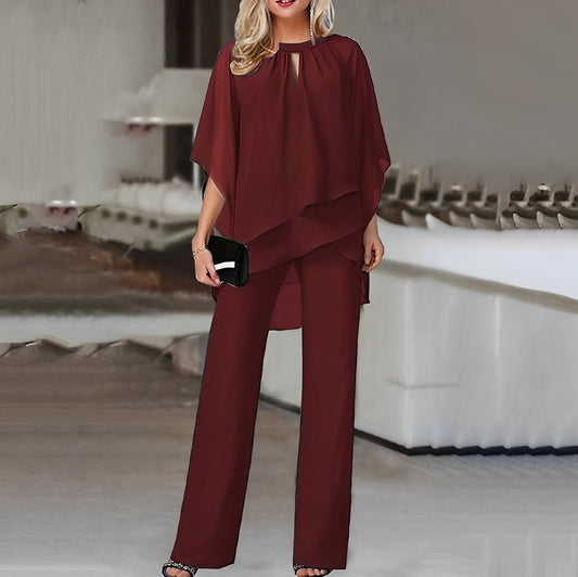 Women's Flowy Chiffon Layered Top and Wide-Leg Trouser Set
