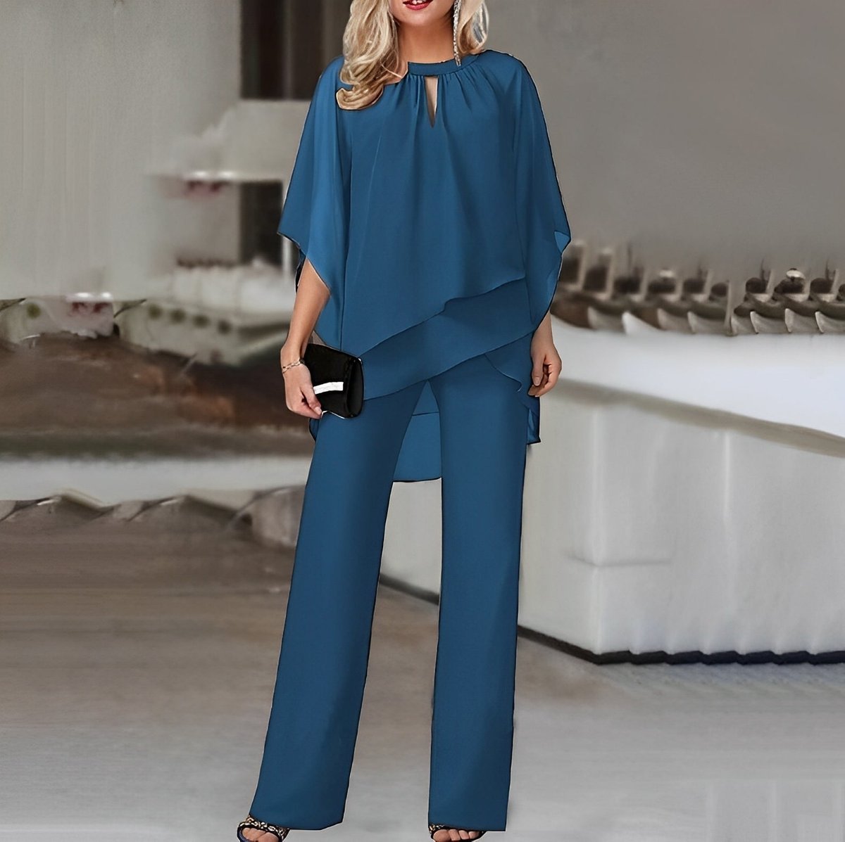 Women's Flowy Chiffon Layered Top and Wide-Leg Trouser Set