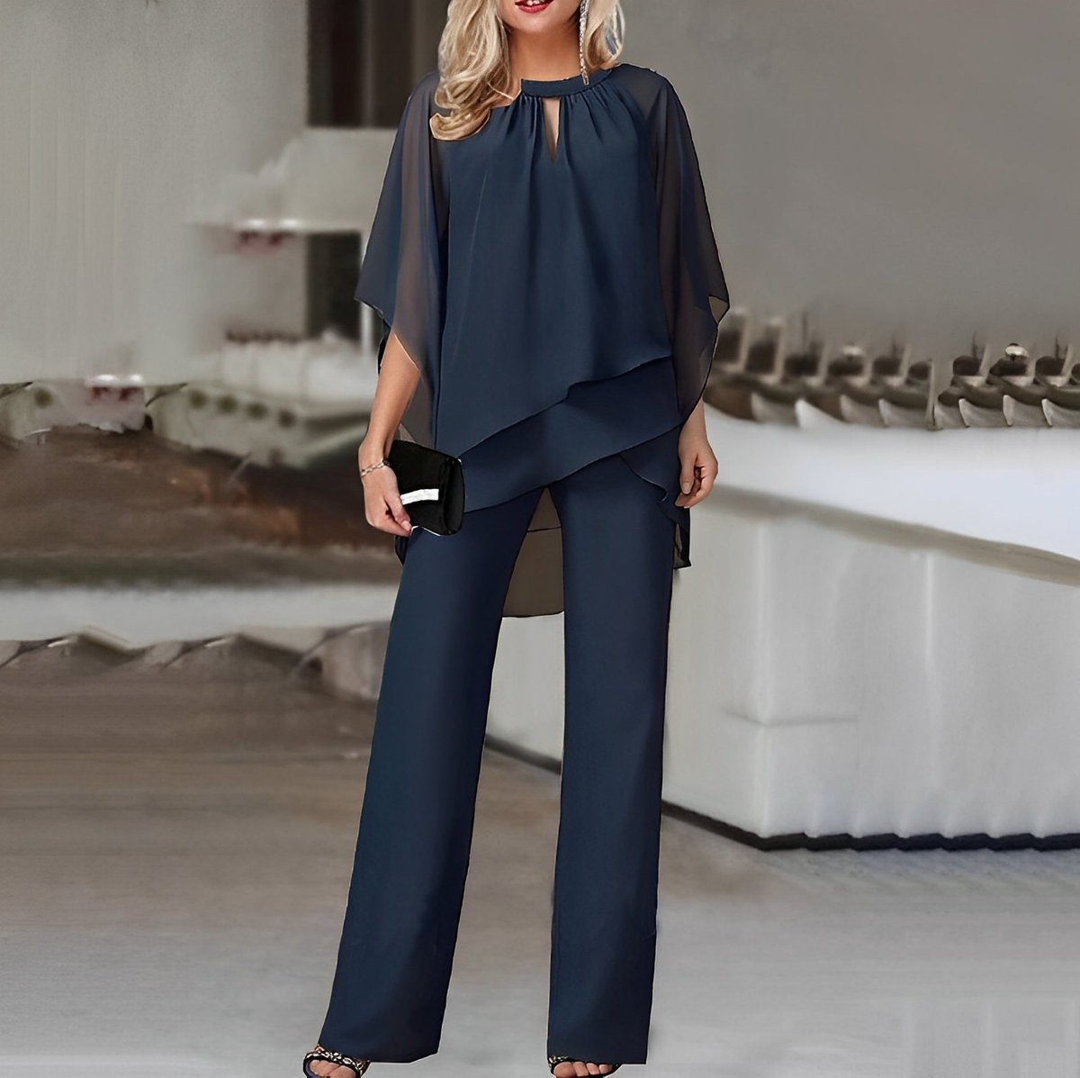 Women's Flowy Chiffon Layered Top and Wide-Leg Trouser Set