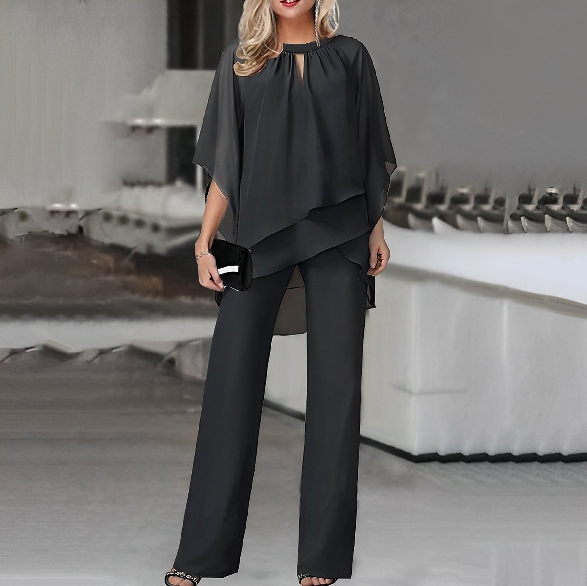 Women's Flowy Chiffon Layered Top and Wide-Leg Trouser Set