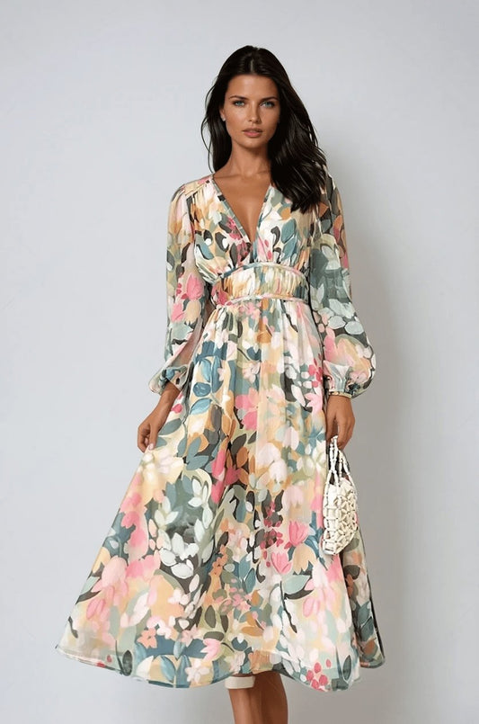 Floral Chiffon Puff Sleeve Midi Dress