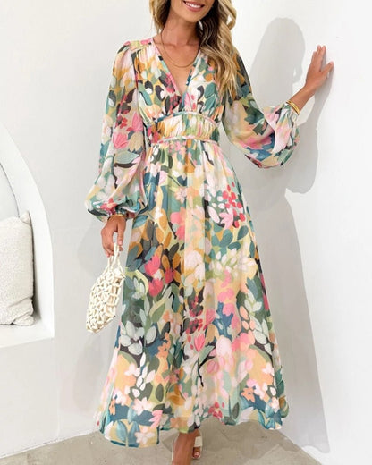 Floral Chiffon Puff Sleeve Midi Dress