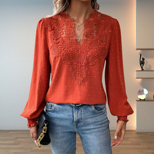 Dobby Lace Insert V-Neck Blouse