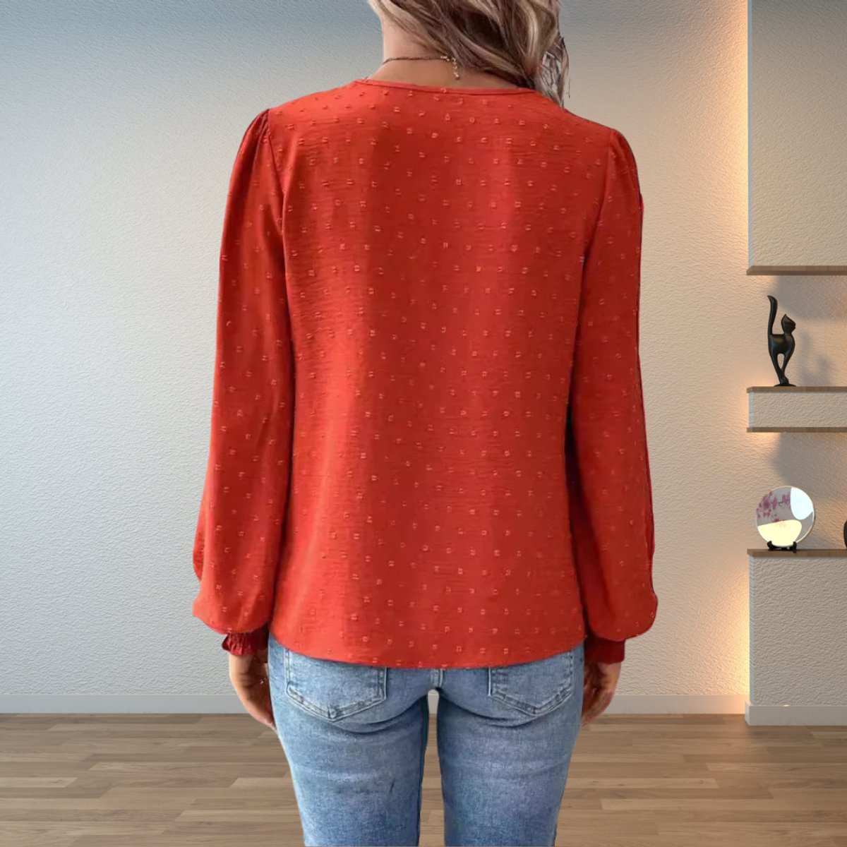 Dobby Lace Insert V-Neck Blouse