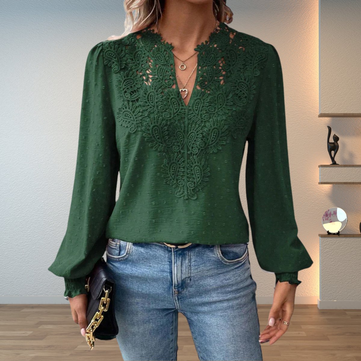 Dobby Lace Insert V-Neck Blouse