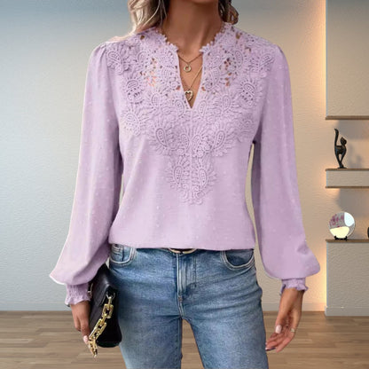 Dobby Lace Insert V-Neck Blouse