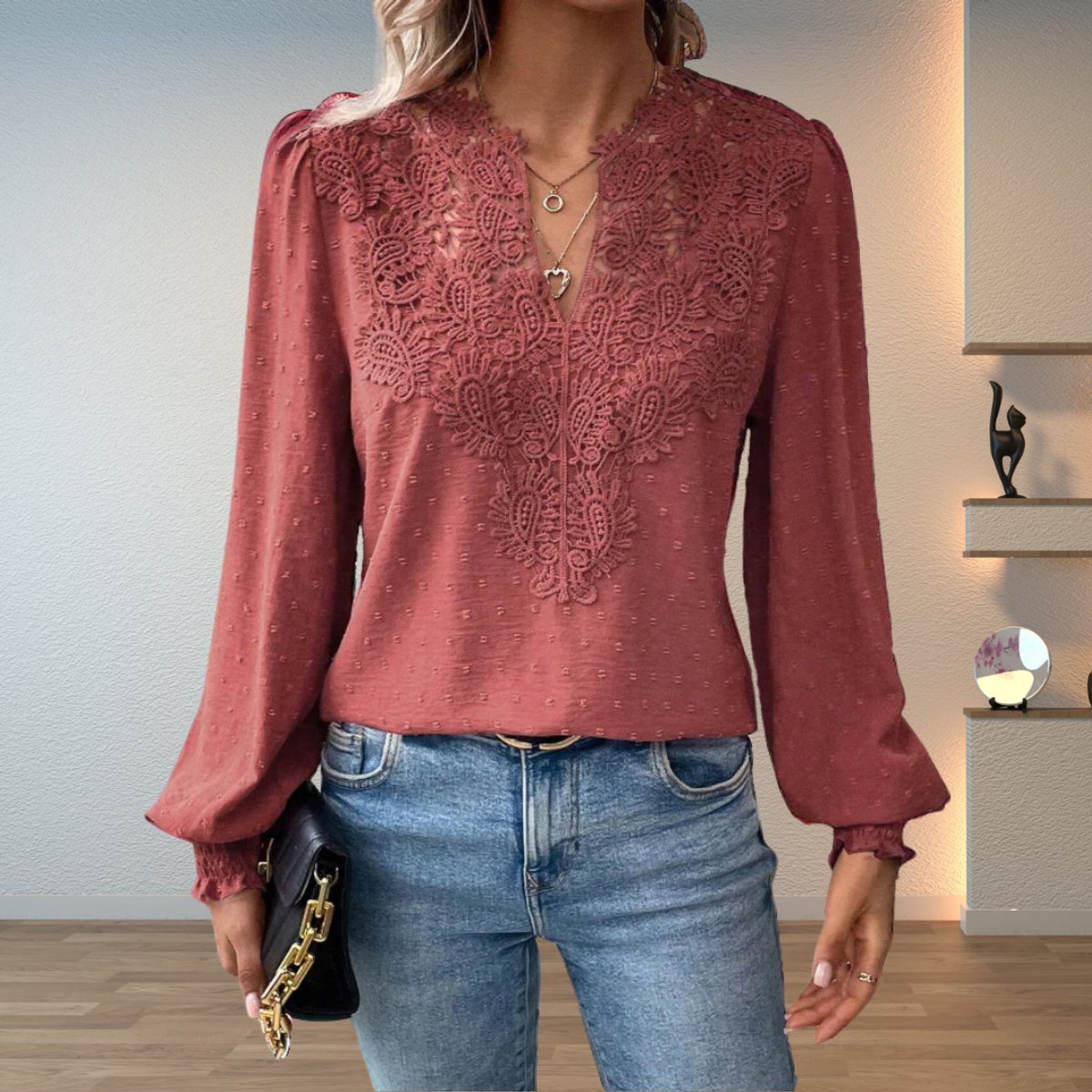 Dobby Lace Insert V-Neck Blouse