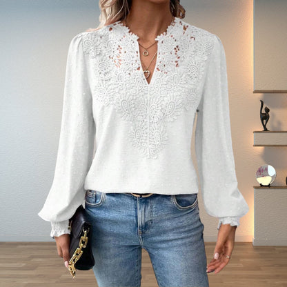 Dobby Lace Insert V-Neck Blouse