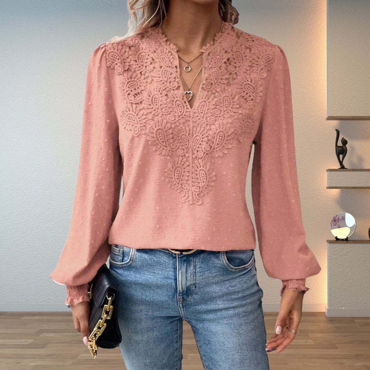 Dobby Lace Insert V-Neck Blouse