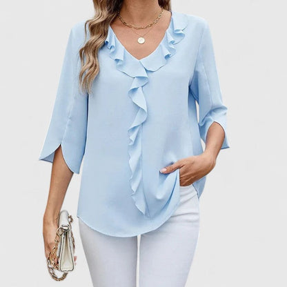Flared Ruffle V-Neck Blouse with 3/4 Sleeves