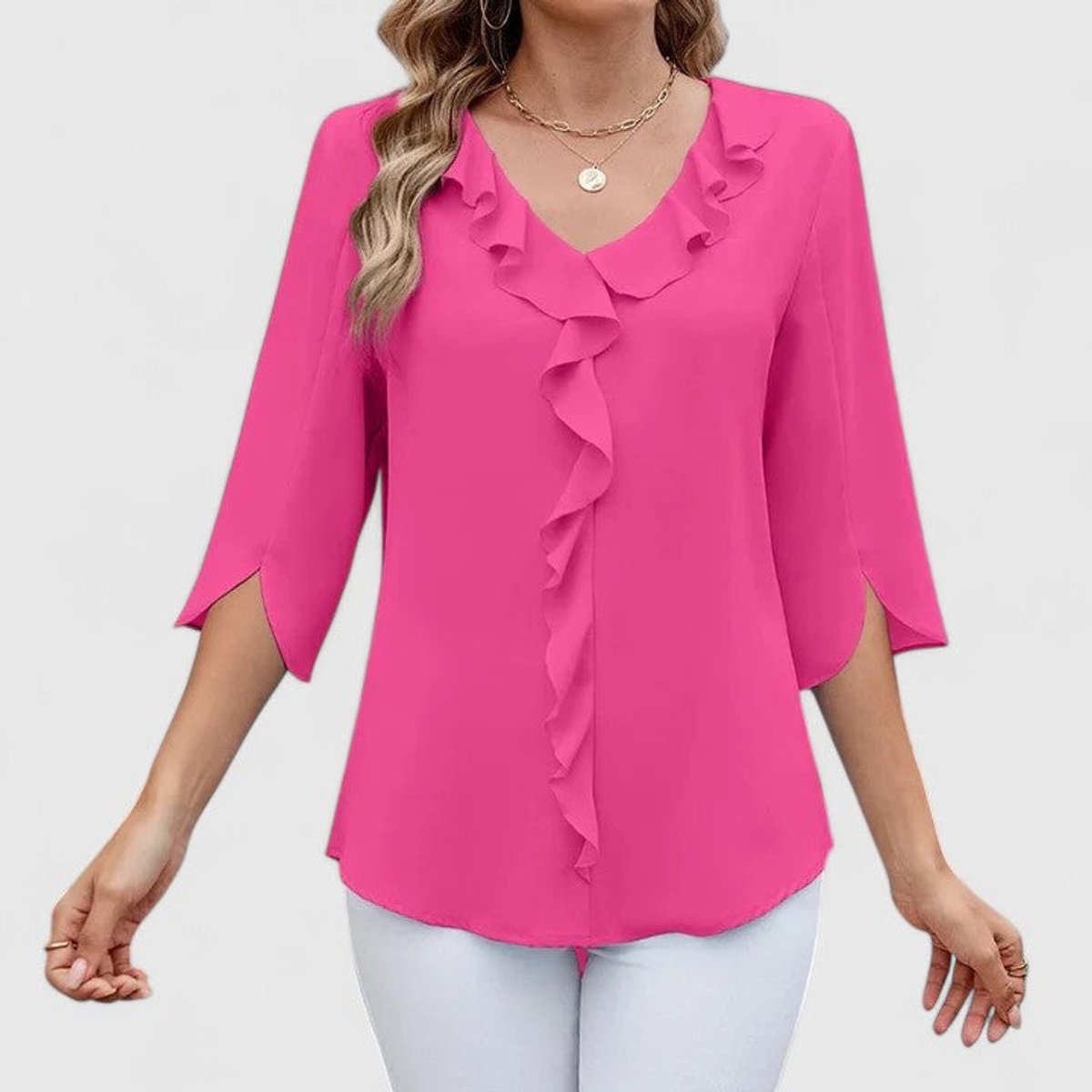 Flared Ruffle V-Neck Blouse with 3/4 Sleeves
