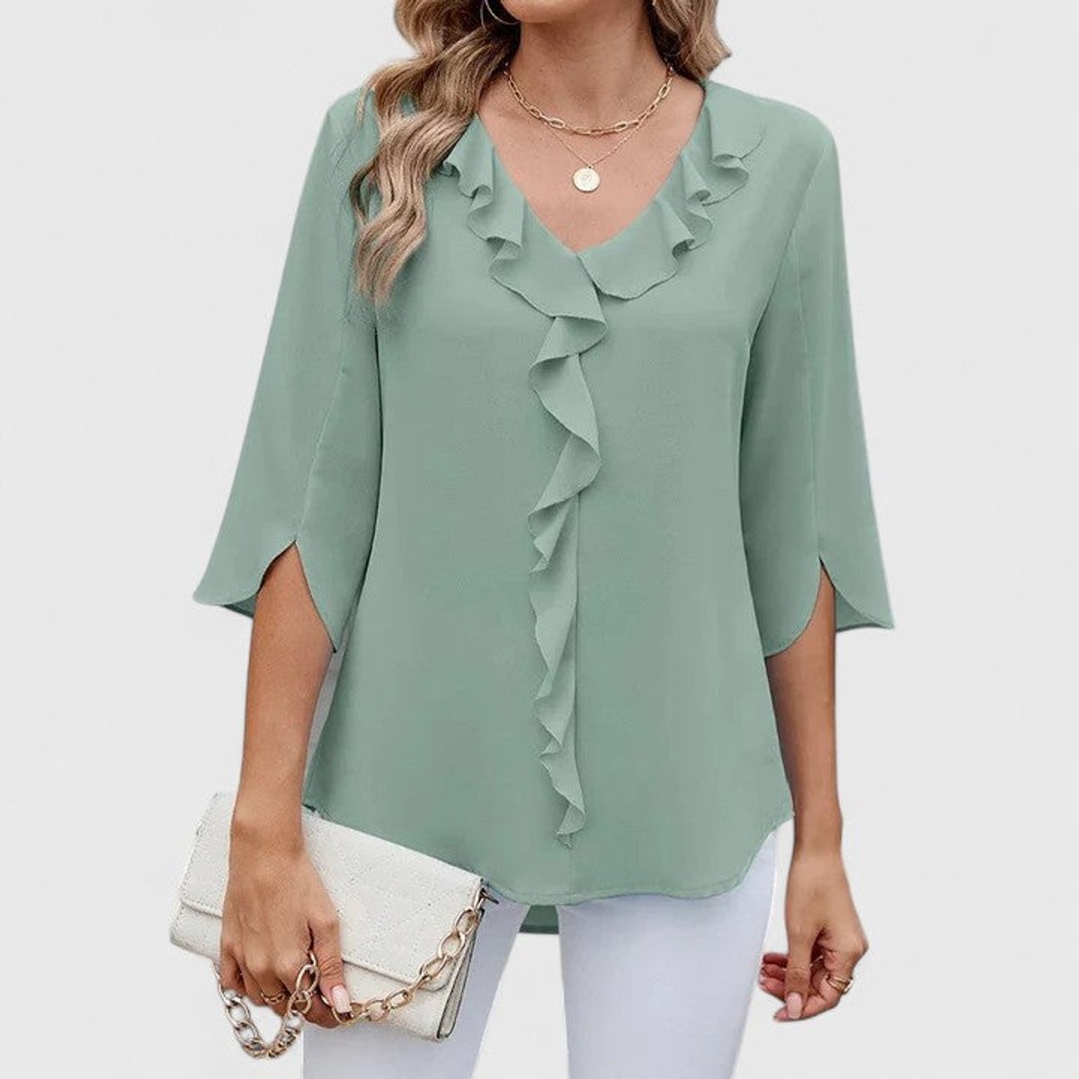 Flared Ruffle V-Neck Blouse with 3/4 Sleeves