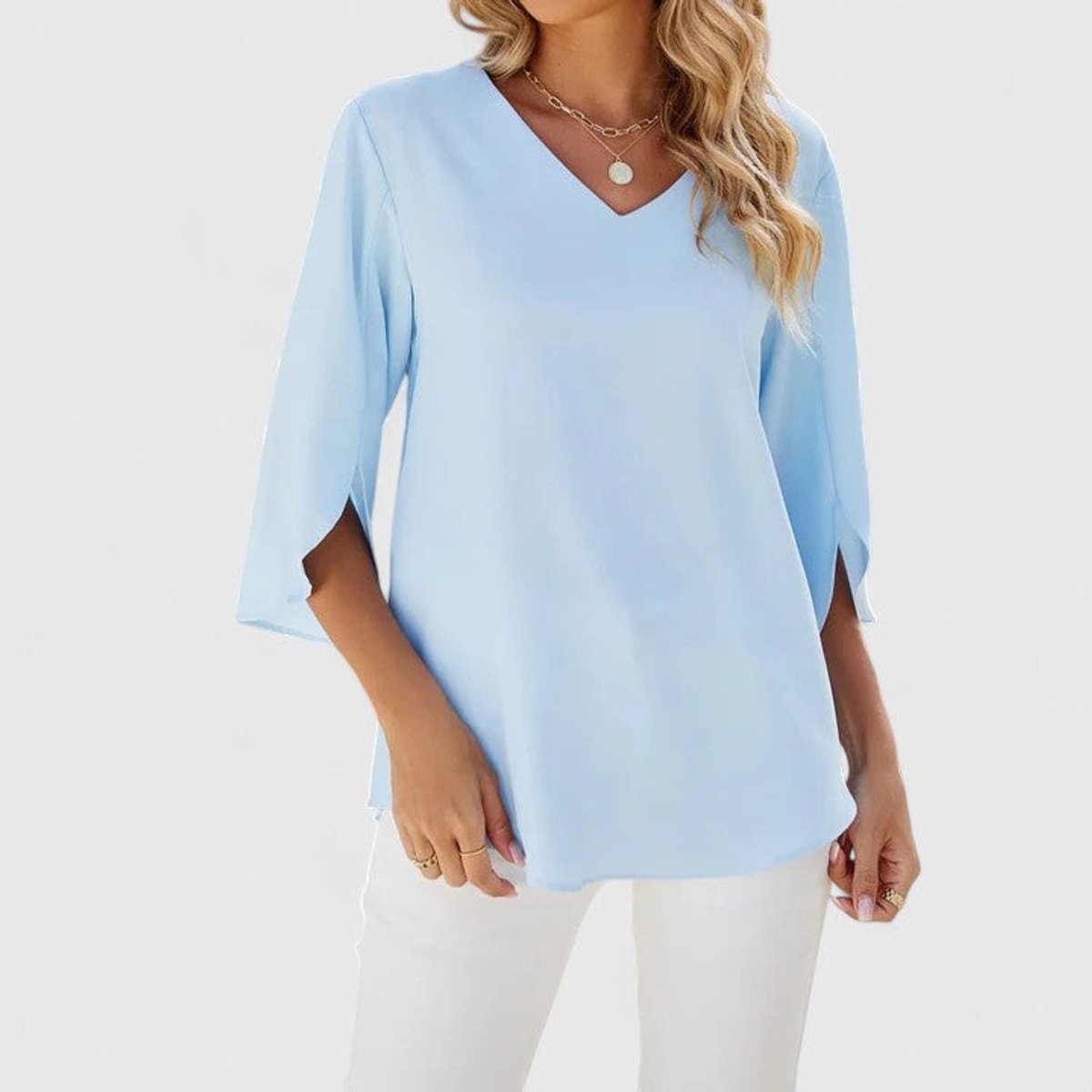Flared Ruffle V-Neck Blouse with 3/4 Sleeves