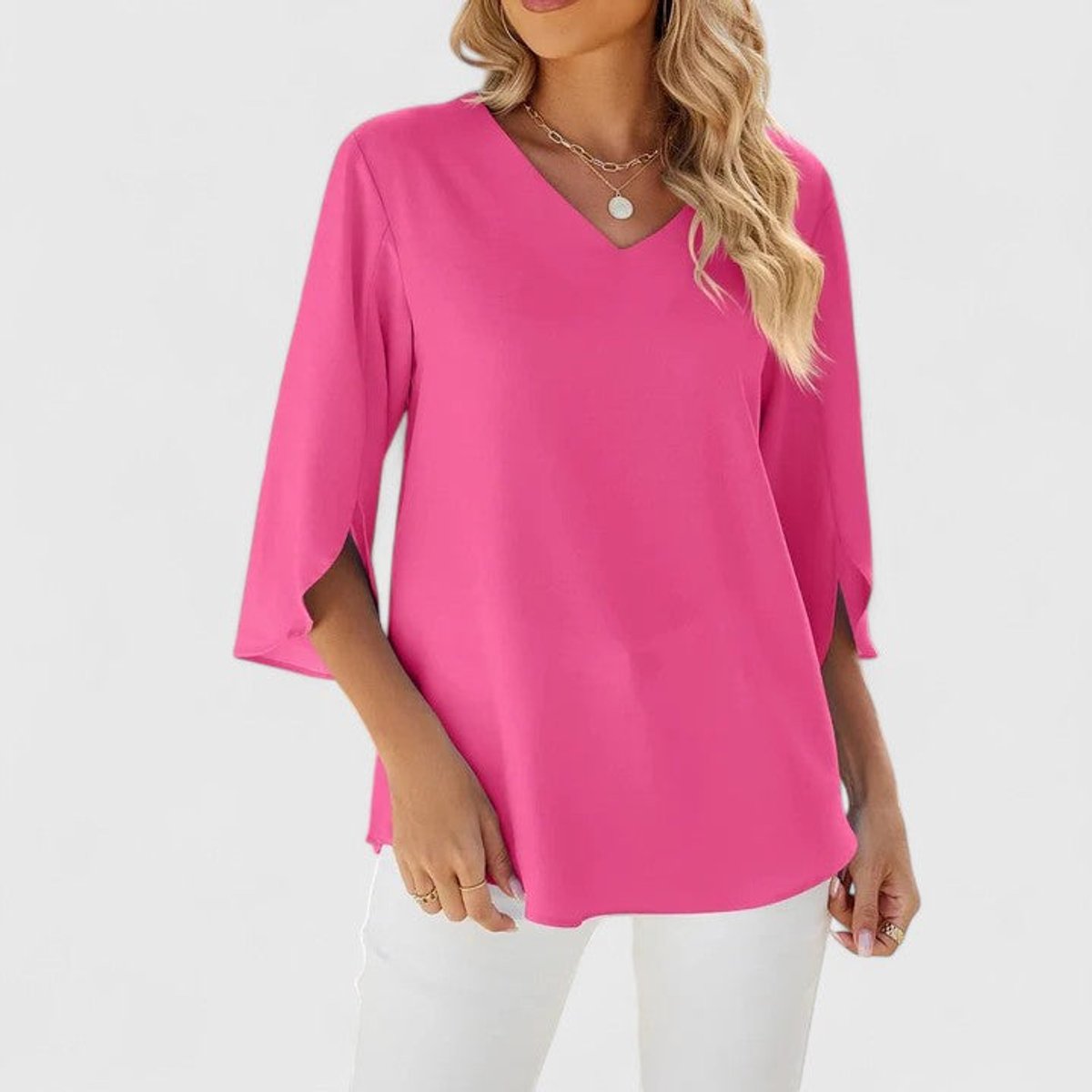 Flared Ruffle V-Neck Blouse with 3/4 Sleeves