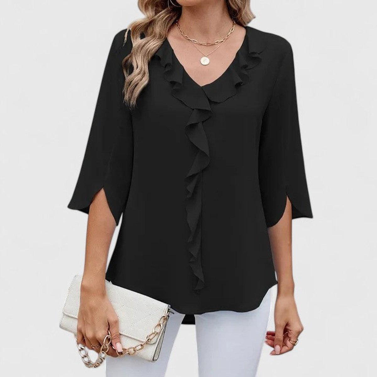 Flared Ruffle V-Neck Blouse with 3/4 Sleeves