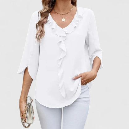 Flared Ruffle V-Neck Blouse with 3/4 Sleeves