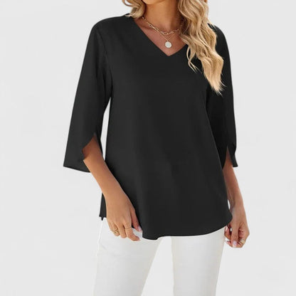 Flared Ruffle V-Neck Blouse with 3/4 Sleeves