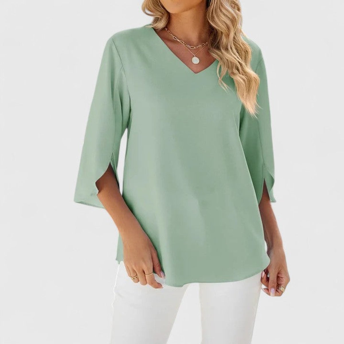 Flared Ruffle V-Neck Blouse with 3/4 Sleeves