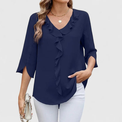 Flared Ruffle V-Neck Blouse with 3/4 Sleeves