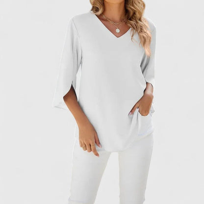 Flared Ruffle V-Neck Blouse with 3/4 Sleeves