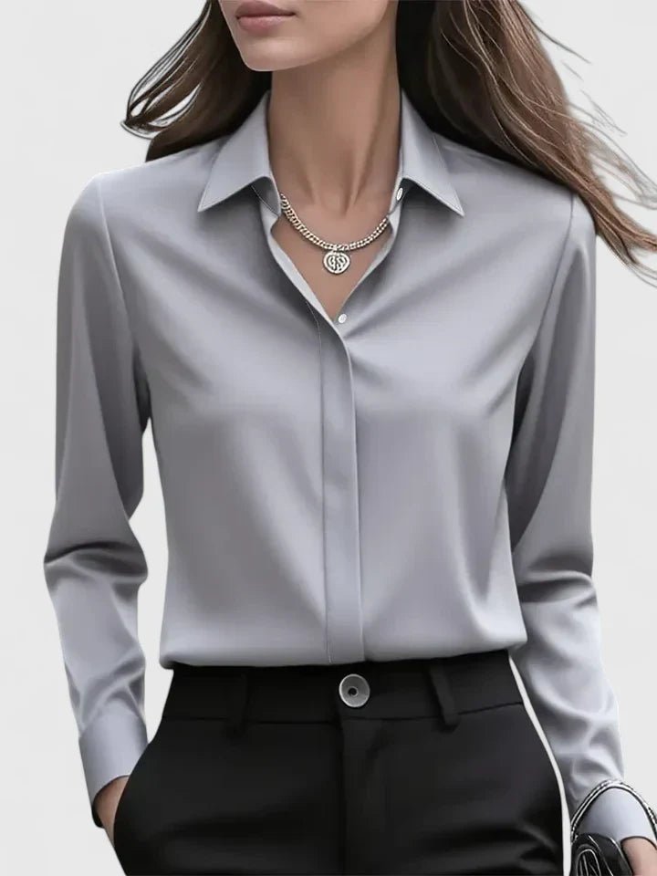 Concealed Button Satin Long Sleeve Blouse