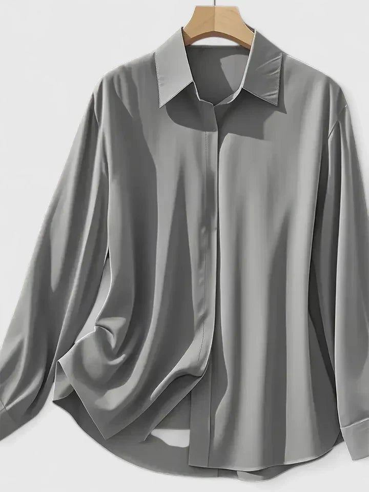 Concealed Button Satin Long Sleeve Blouse