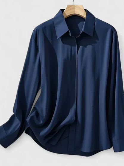 Concealed Button Satin Long Sleeve Blouse