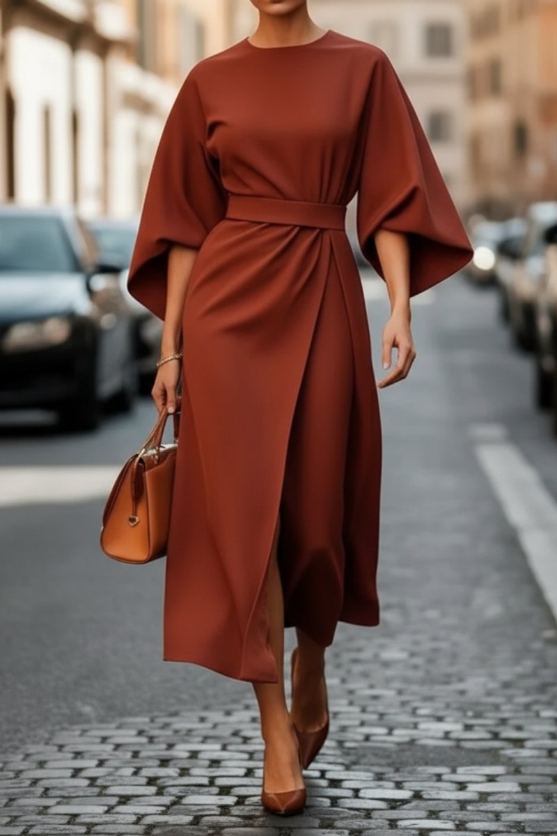 Lantern Sleeve Belted Midi Cocktail Dress