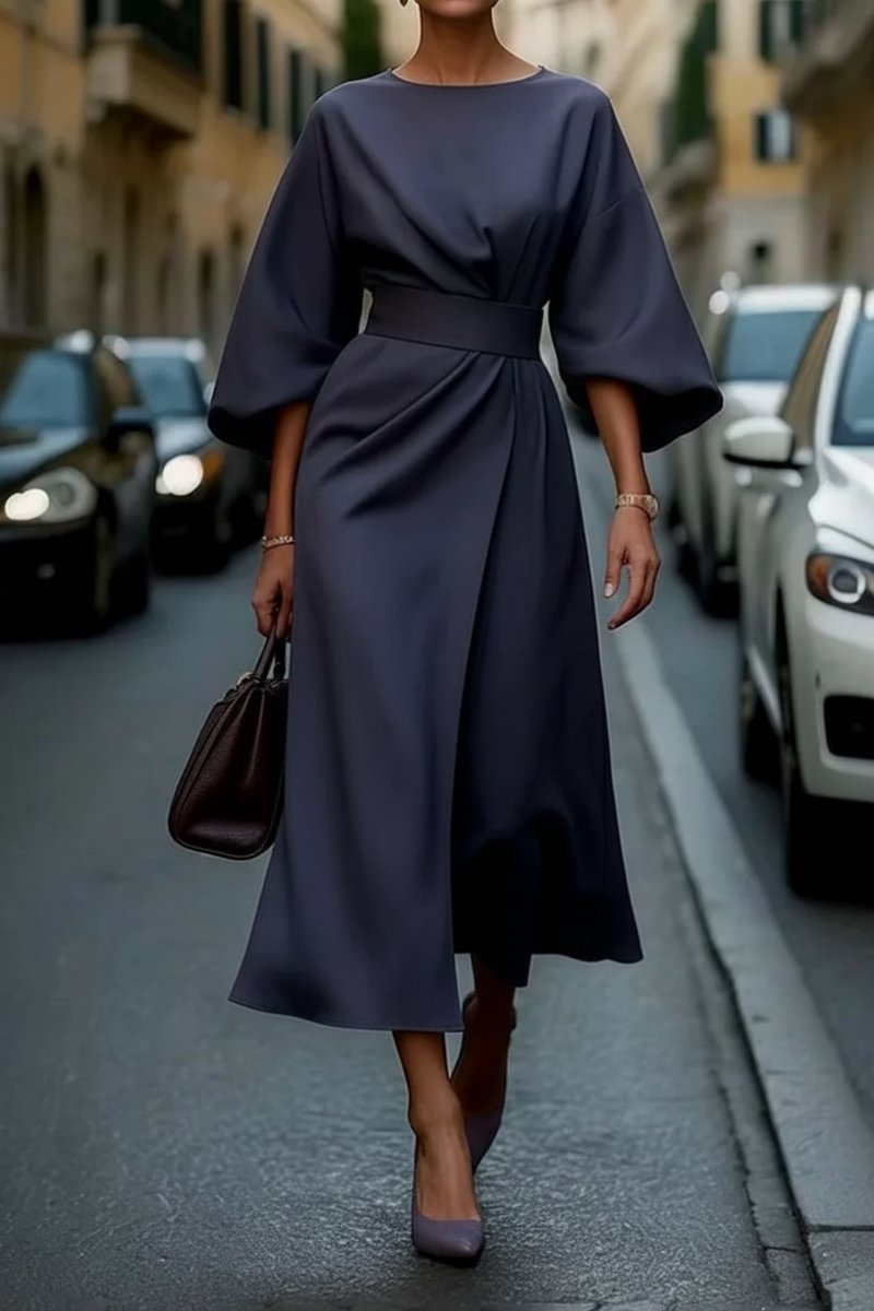 Lantern Sleeve Belted Midi Cocktail Dress