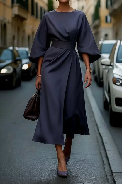 Lantern Sleeve Belted Midi Cocktail Dress