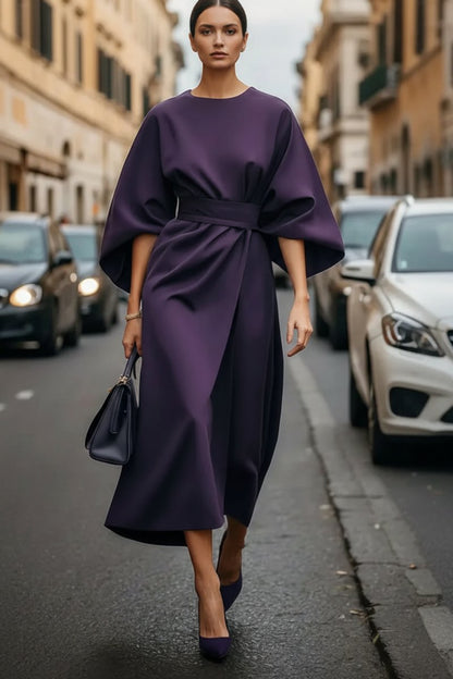 Lantern Sleeve Belted Midi Cocktail Dress