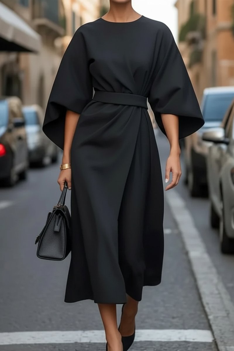 Lantern Sleeve Belted Midi Cocktail Dress