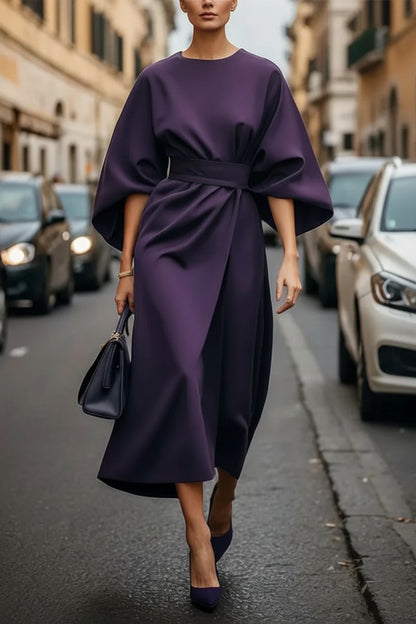 Lantern Sleeve Belted Midi Cocktail Dress