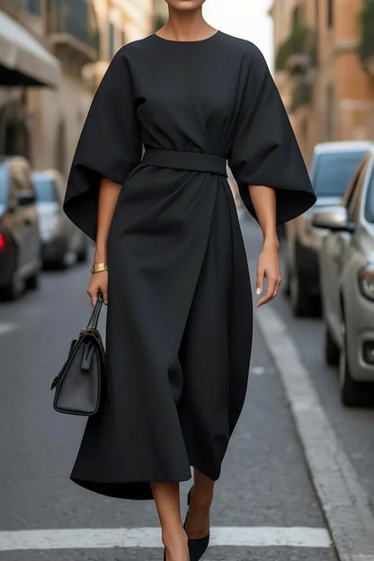Lantern Sleeve Belted Midi Cocktail Dress