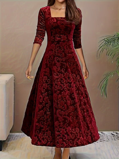 Embossed Floral Velvet Midi Dress