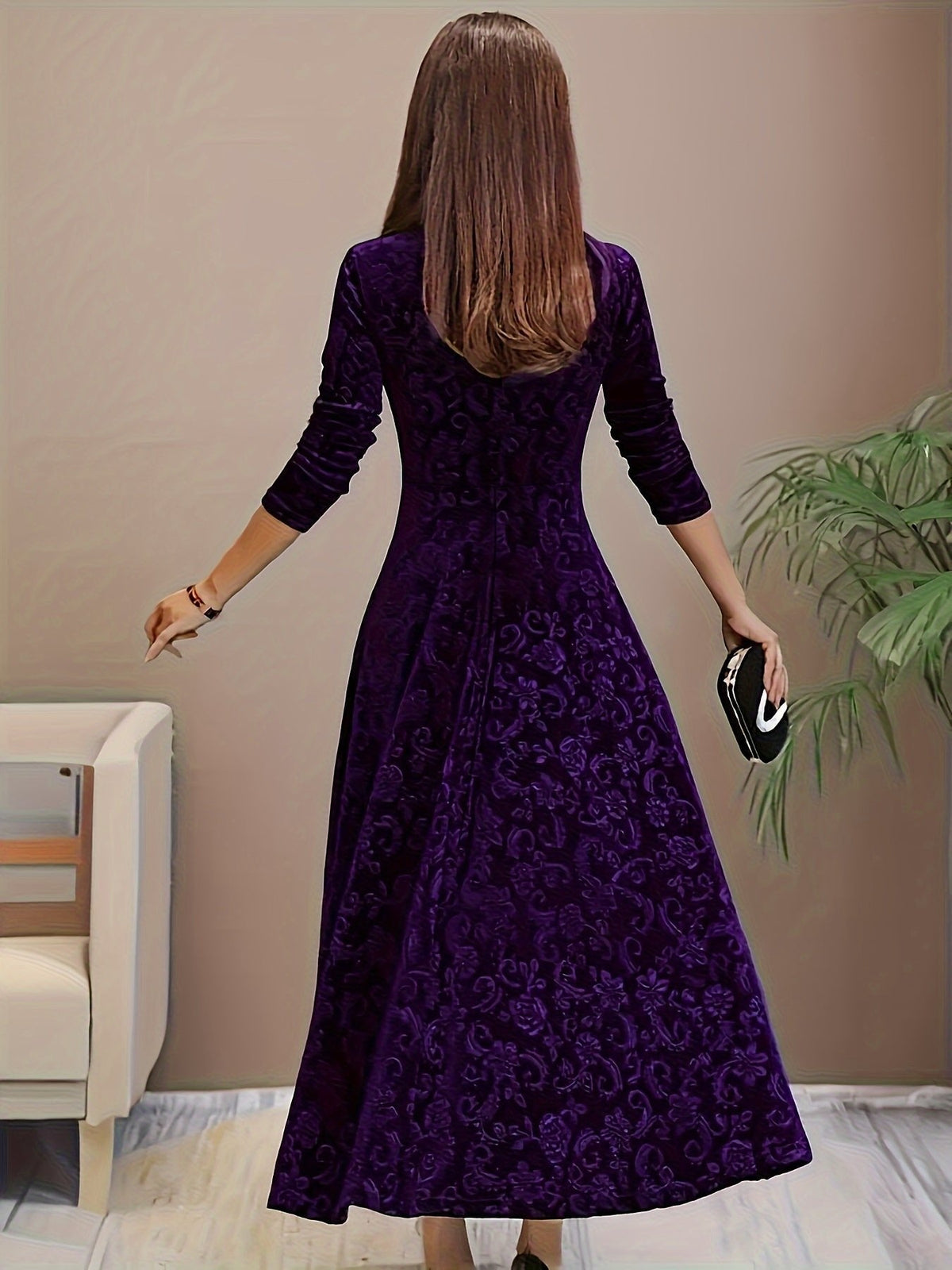 Embossed Floral Velvet Midi Dress