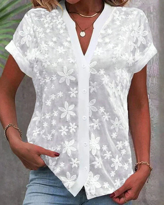 Embroidered Lace Button-Front Blouse