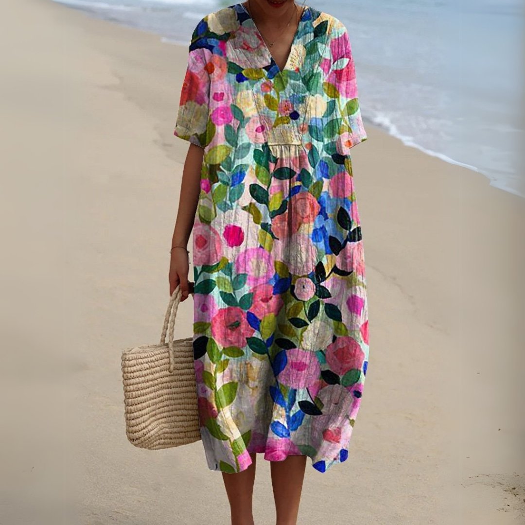 Women's Floral Print V-Neck Midi Dress