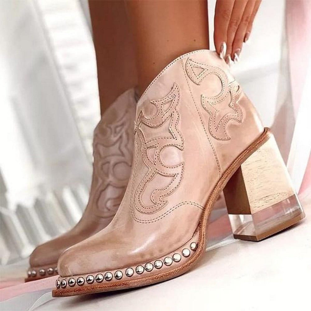 Studded Western Ankle Boots with Embroidery and Block Heel