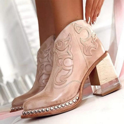 Studded Western Ankle Boots with Embroidery and Block Heel