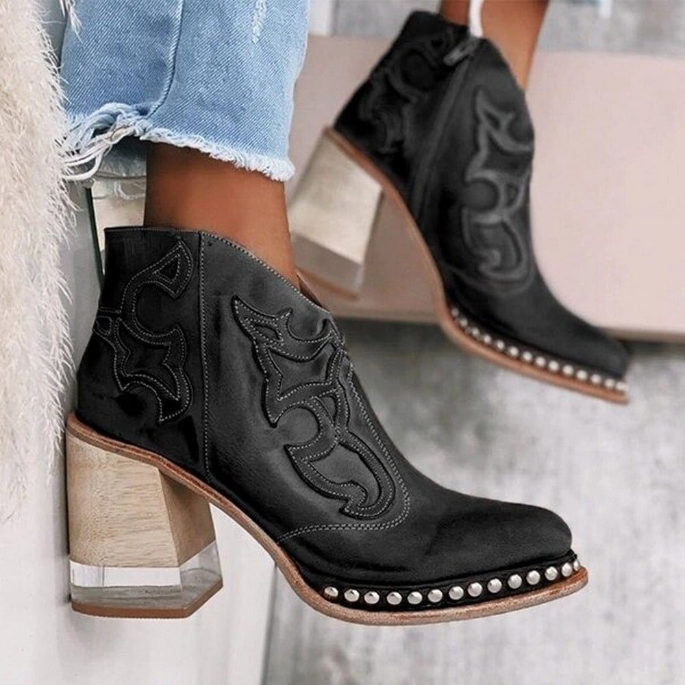 Studded Western Ankle Boots with Embroidery and Block Heel