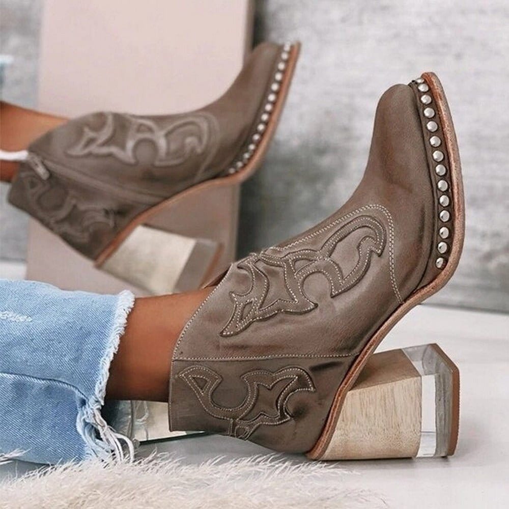 Studded Western Ankle Boots with Embroidery and Block Heel