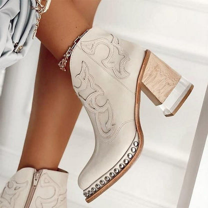 Studded Western Ankle Boots with Embroidery and Block Heel