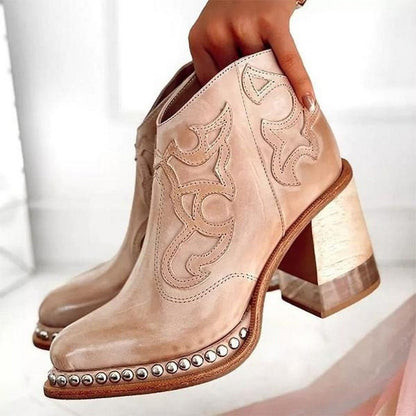 Studded Western Ankle Boots with Embroidery and Block Heel