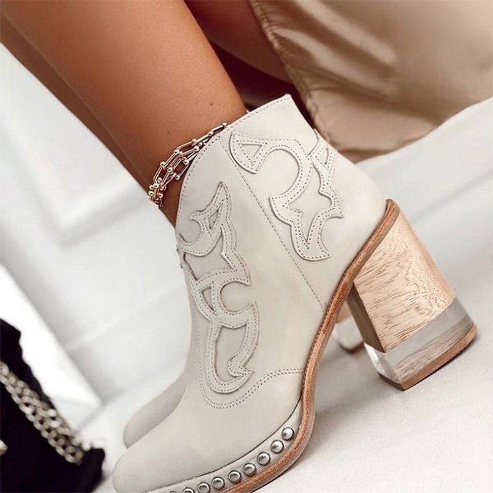 Studded Western Ankle Boots with Embroidery and Block Heel