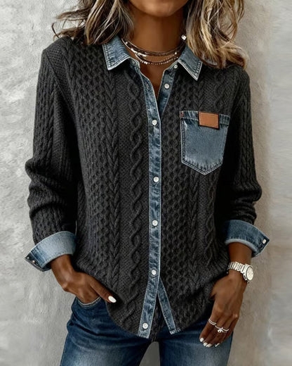 Women's Cable Knit Top with Denim Collar and Trim