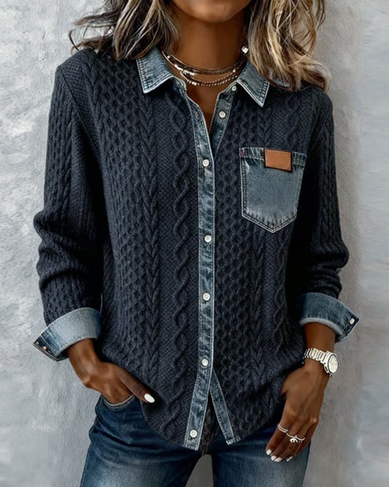 Women's Cable Knit Top with Denim Collar and Trim