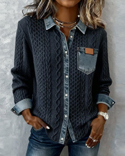 Women's Cable Knit Top with Denim Collar and Trim