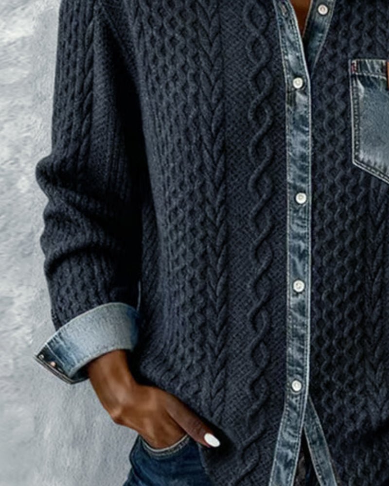 Women's Cable Knit Top with Denim Collar and Trim